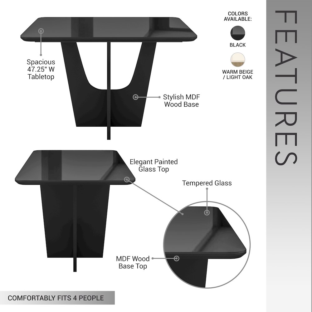 4 Seater Italian Dining Table with Painted Glass Top and Wooden Base, Black. Picture 6