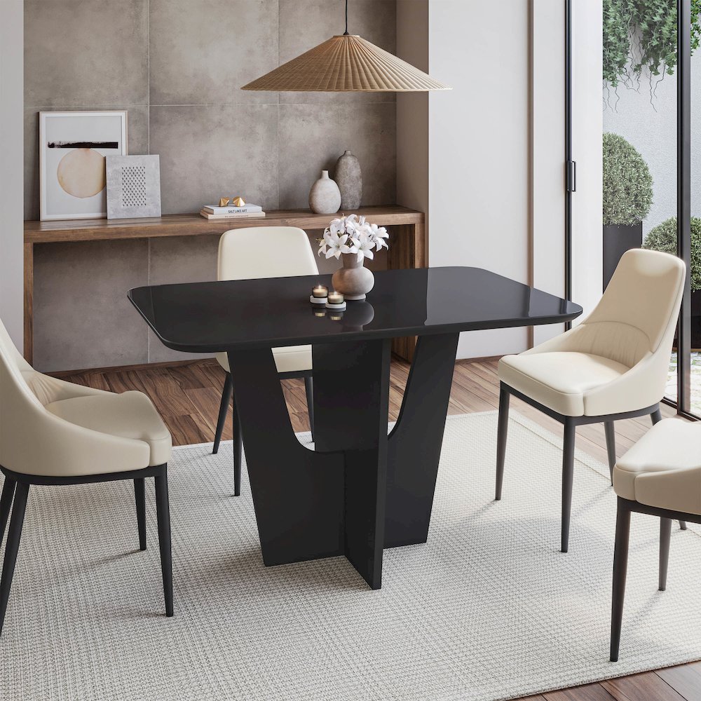 4 Seater Italian Dining Table with Painted Glass Top and Wooden Base, Black. Picture 7