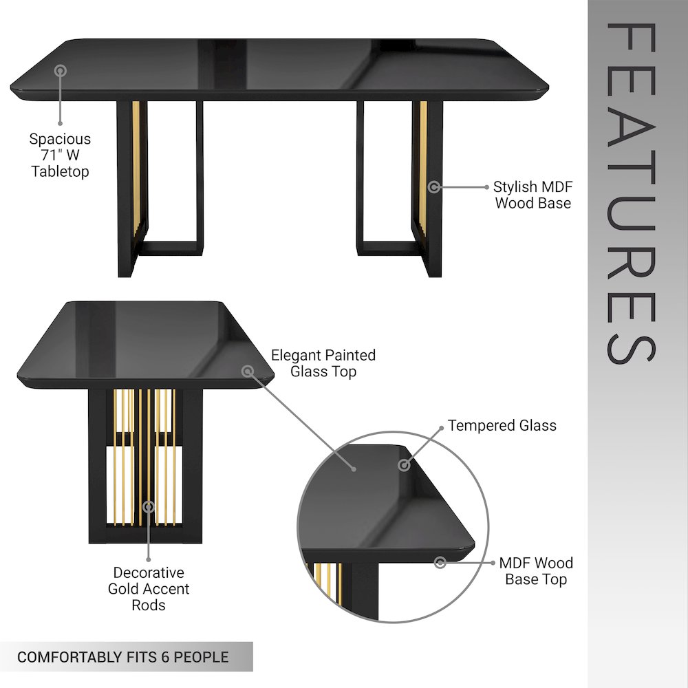 Modern 6 Seater Dining Table with Gold Accents, Black & Gold. Picture 6