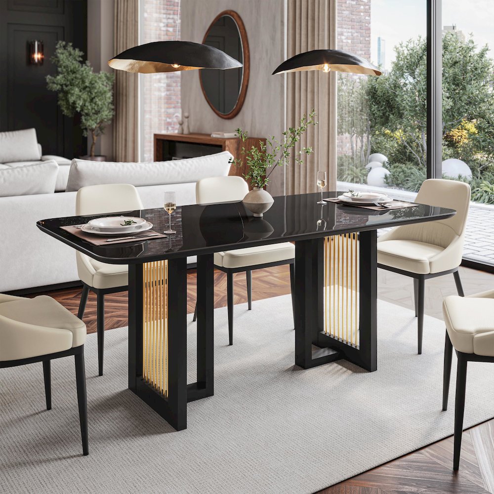 Modern 6 Seater Dining Table with Gold Accents, Black & Gold. Picture 7