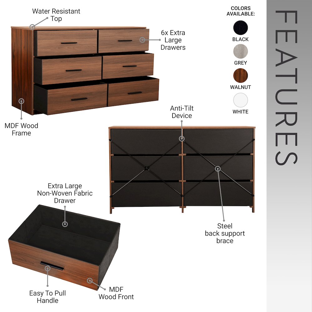 6-Drawer Dresser with Large Fabric Drawers, Walnut. Picture 12
