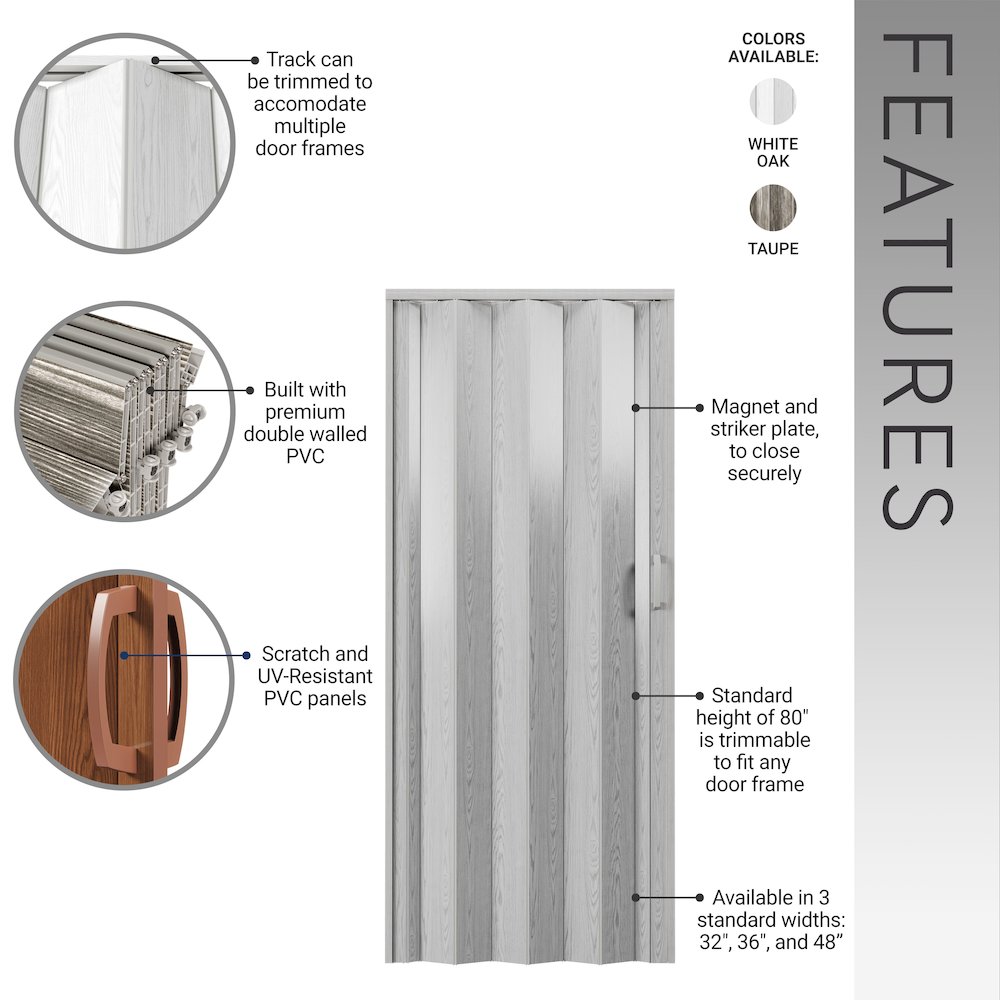 36" W Double Walled Foldable Heavy Duty Accordion Doors, Taupe. Picture 7