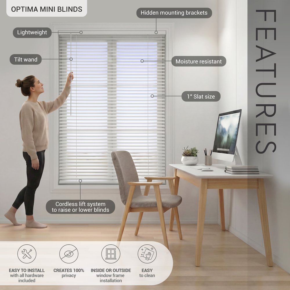 Cordless Mini Blinds, Light Filtering Vinyl Horizontal Window Blinds, 29”Wx60”H. Picture 10