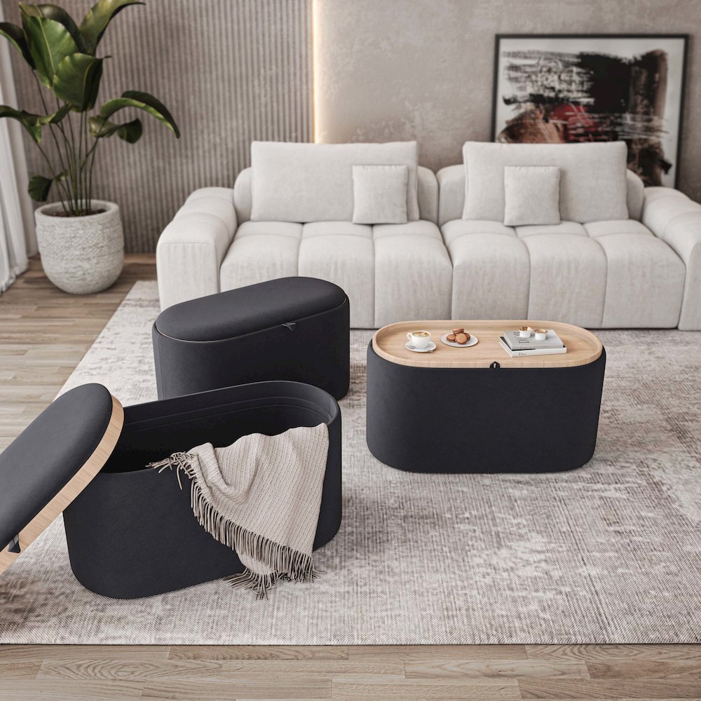 Storage Ottoman with Reversible Wooden Tray Top, Black. Picture 10