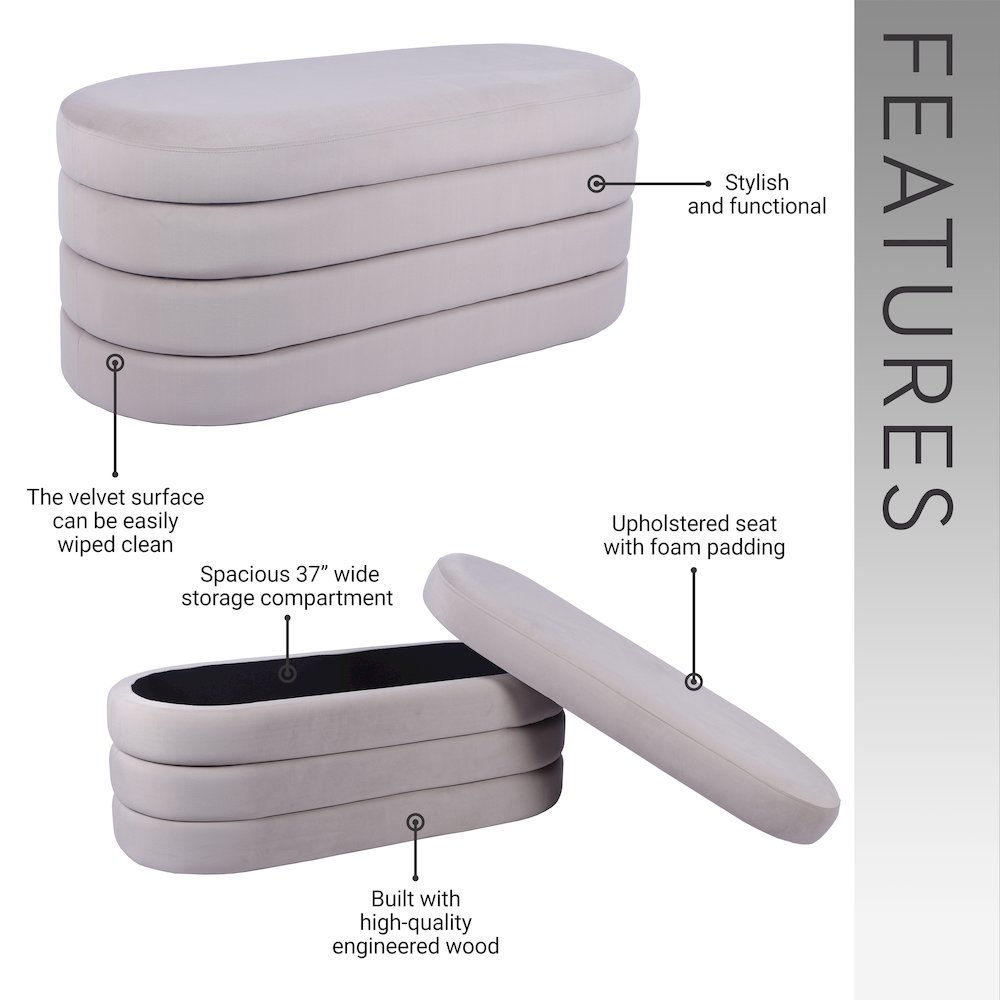 Velvet Ottoman Bench with Storage, Taupe. Picture 9