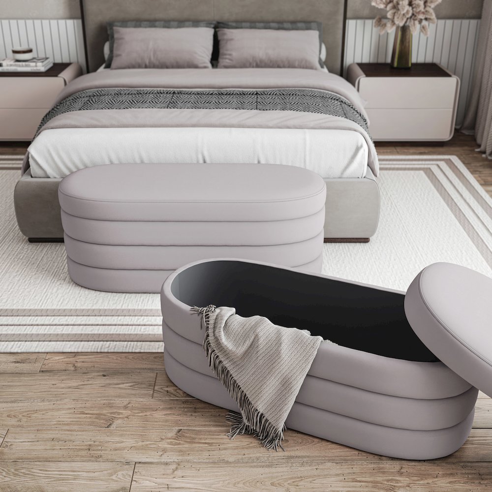 Velvet Ottoman Bench with Storage, Taupe. Picture 10