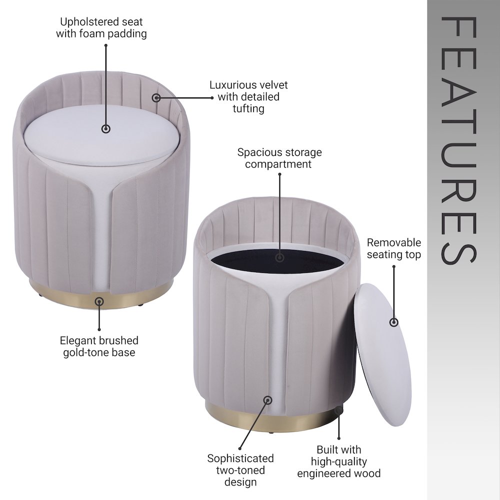 Two-Toned Ottoman with Storage or Vanity Stool, Taupe. Picture 8