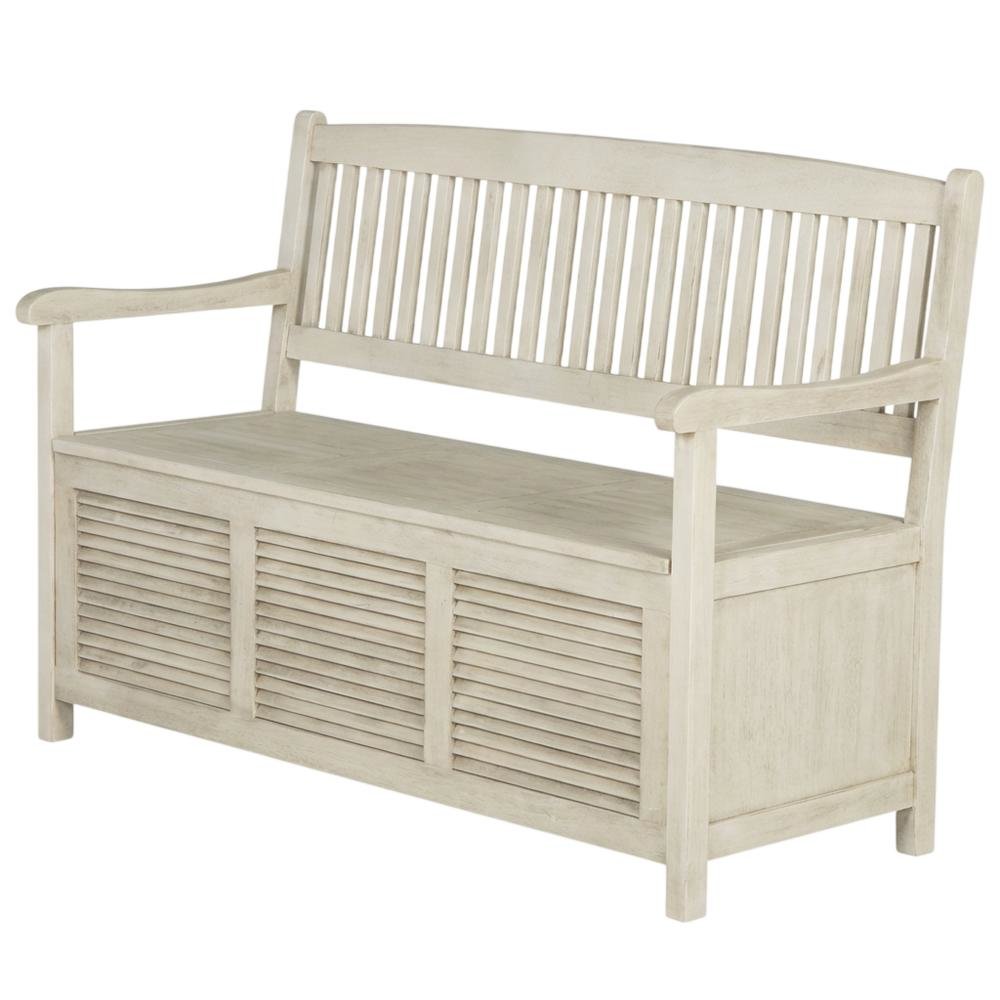Outdoor Storage Bench In Distressed White, Galvanized Steel Frame, Metal Casters. Picture 1