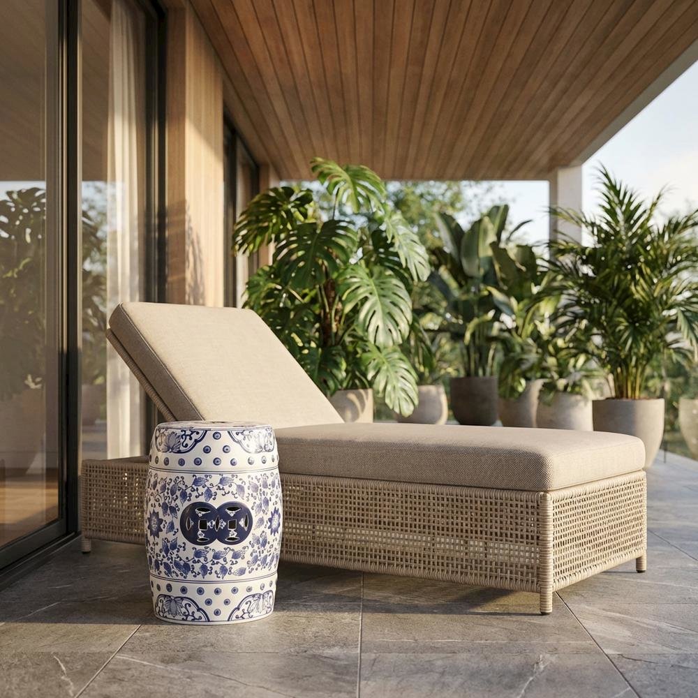 Ceramic Decorative Garden Stool With Blue And White Glazing For Outdoor Spaces. Picture 2