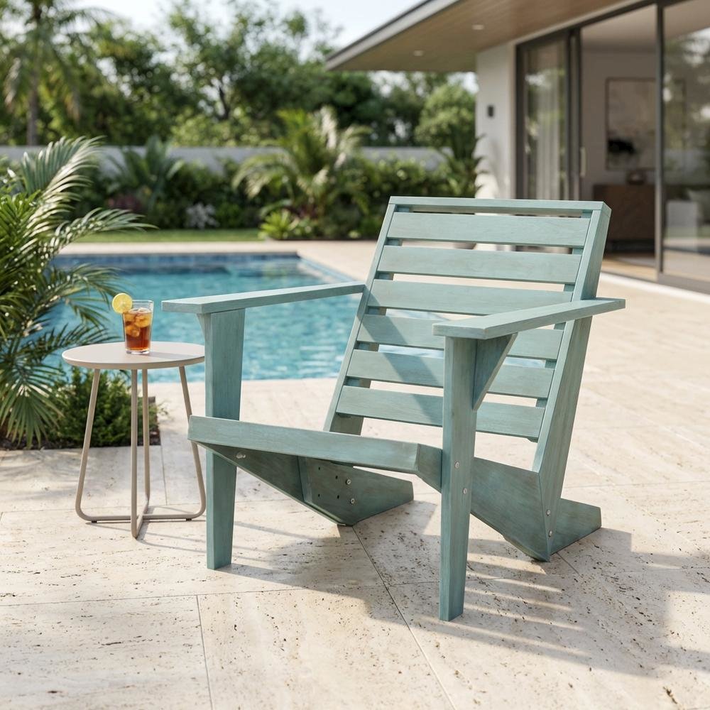 Blue Adirondack Chair With Stained Finish And Durable Acacia Construction. Picture 3