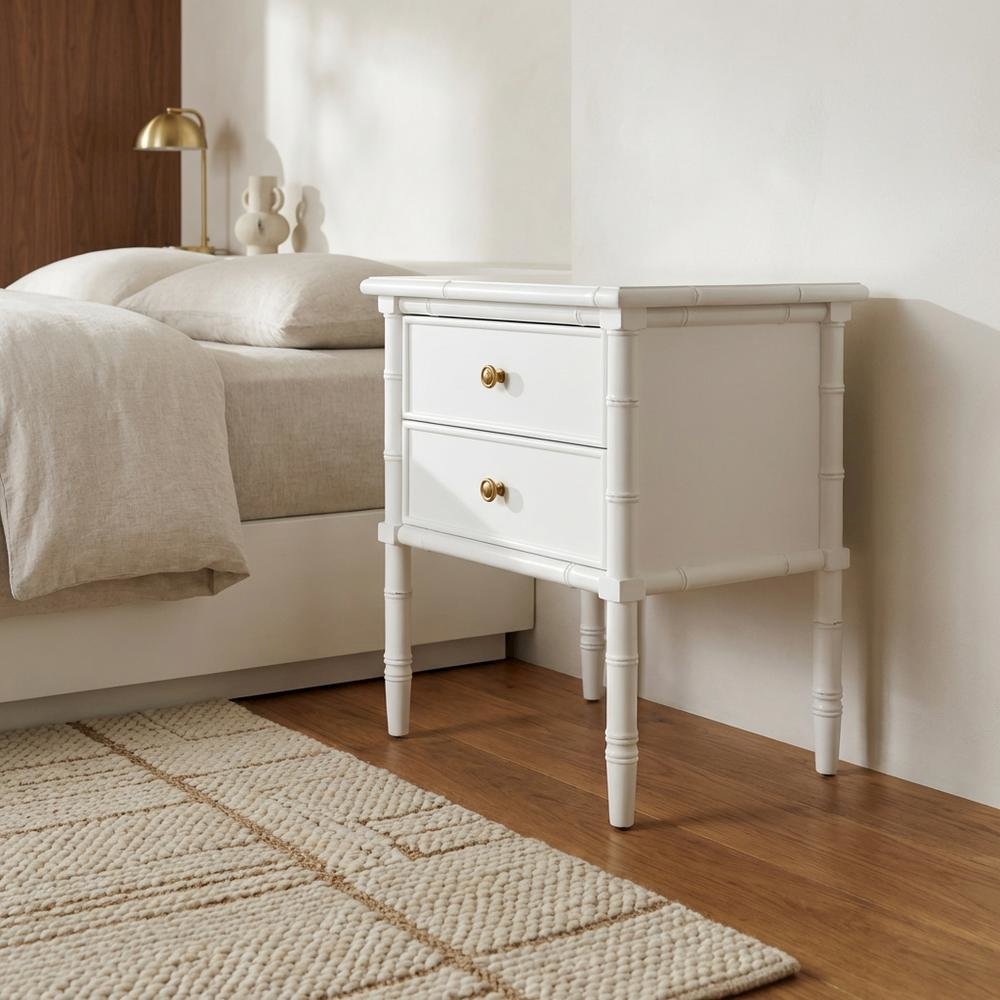 Wooden nightstand with 2 drawers and cast iron accents for bedroom storage. Picture 3