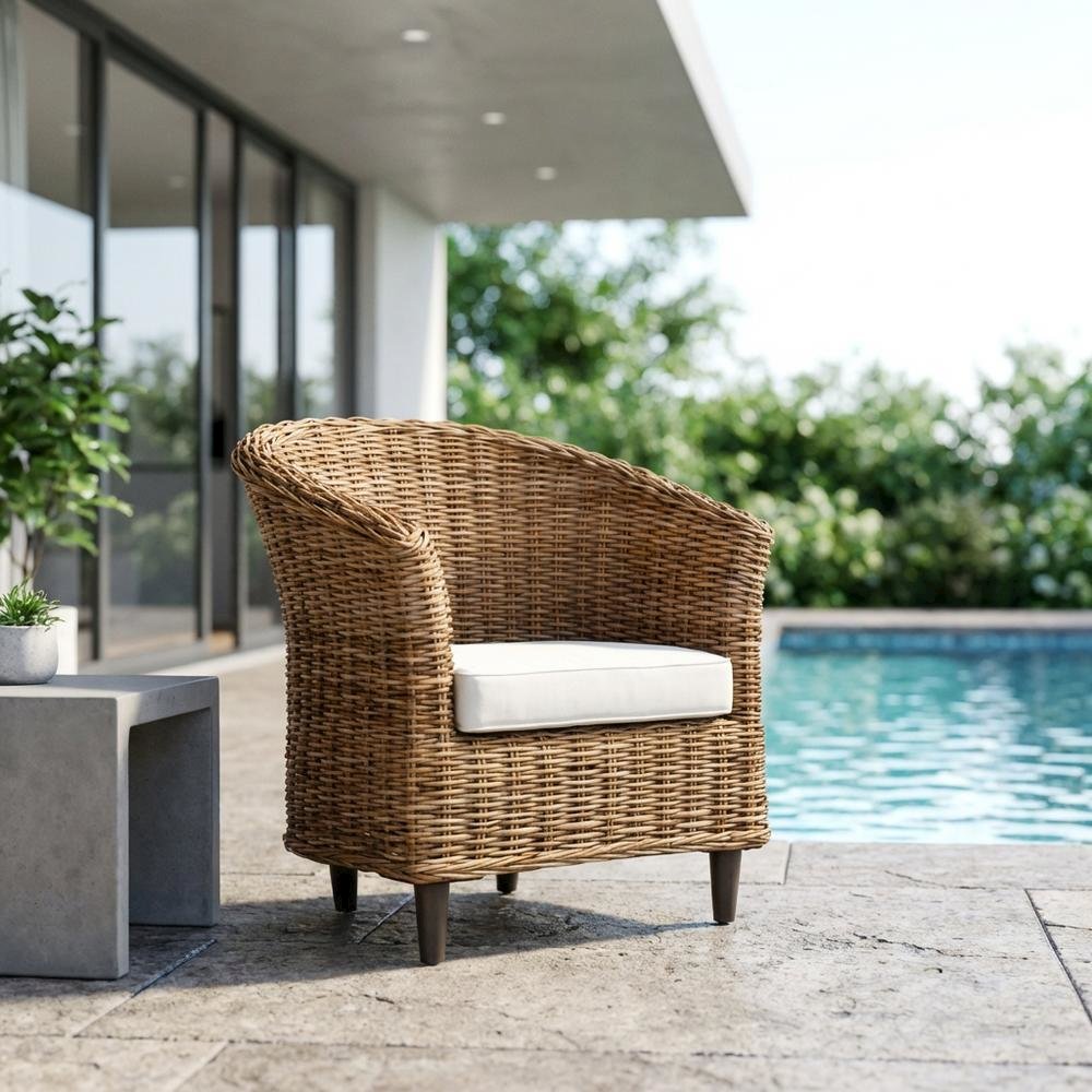 Outdoor Rattan Barrel Chair With Foam Cushioned Seat And Armrest. Picture 3