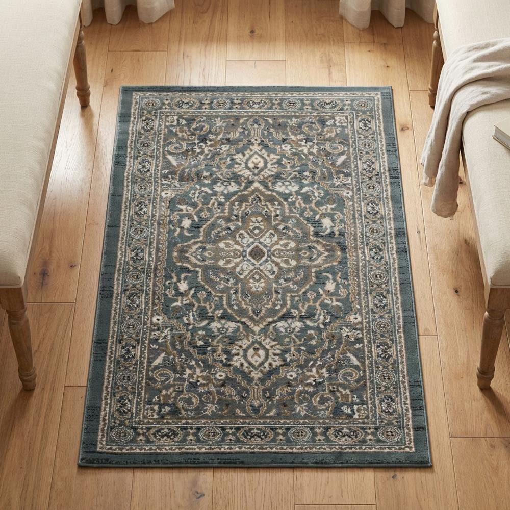 Teal / Grey Area Rug, Power Loomed, Jute Backing, Rectangle Style. Picture 3