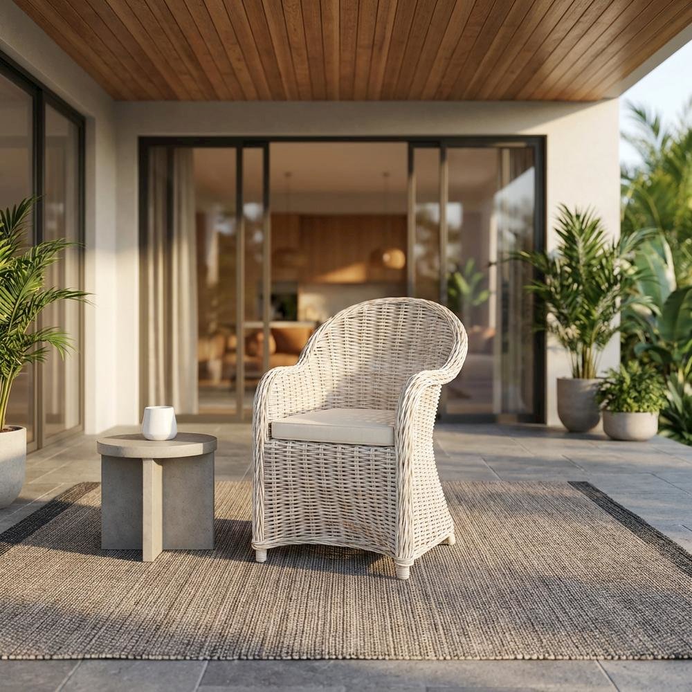 Outdoor Wicker Club Chair with Rattan Frame and White Cotton Cushion. Picture 2