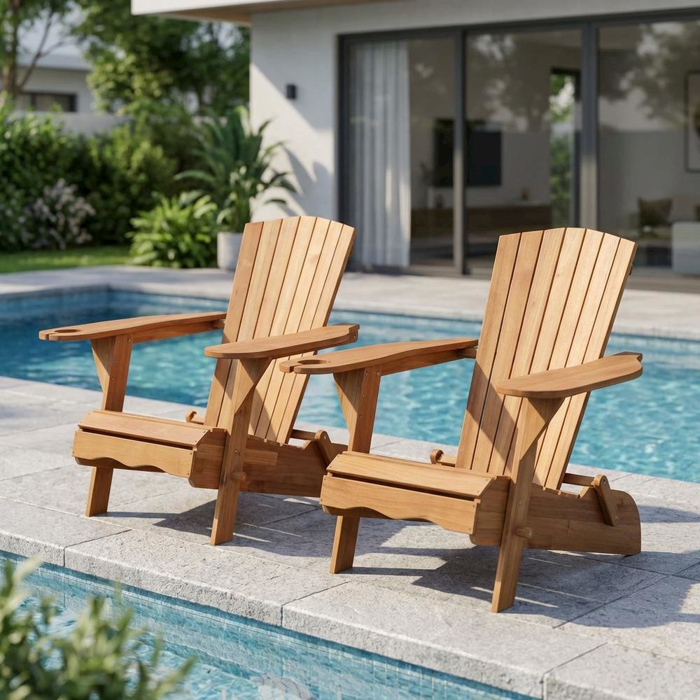 Outdoor Eucalyptus Wood Adirondack Chairs Set Of 2 With Silver Metal Accents. Picture 3
