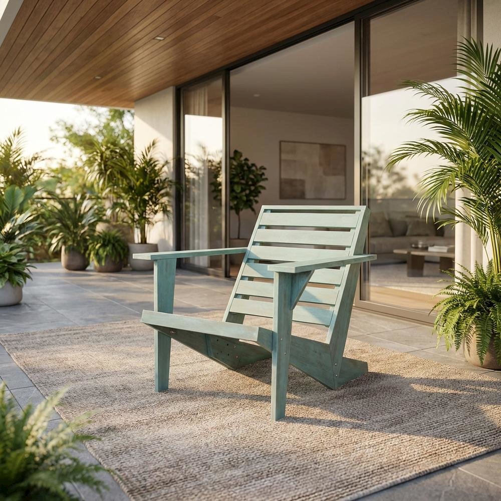 Blue Adirondack Chair With Stained Finish And Durable Acacia Construction. Picture 2