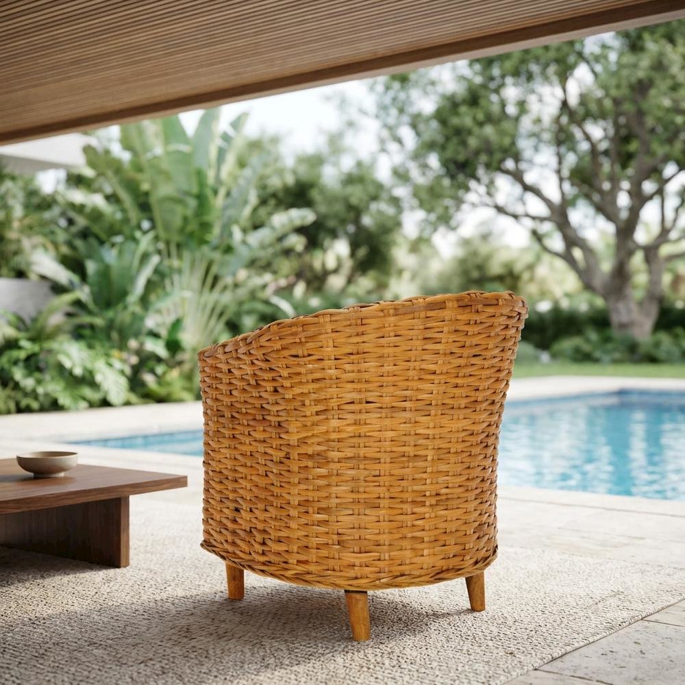 Outdoor Rattan Barrel Chair With White Cotton Fabric And Honey Oak Finish. Picture 3