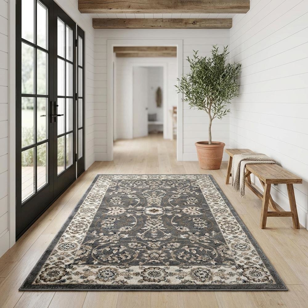 Gray and Cream Area Rug with Power Loomed Construction and Jute Backing. Picture 2