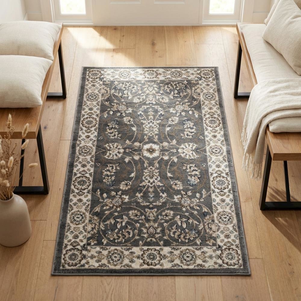 Gray and Cream Area Rug with Power Loomed Construction and Jute Backing. Picture 3