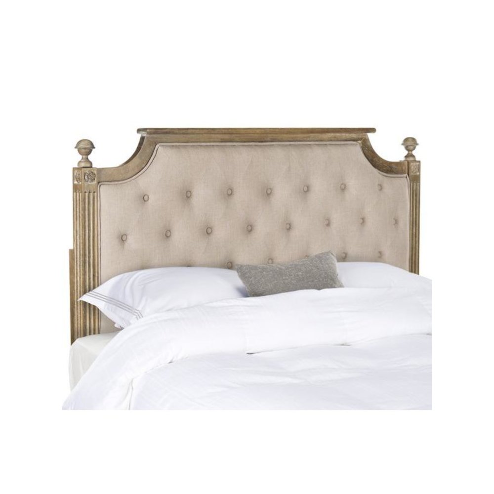 RUSTIC WOOD TAUPE TUFTED LINEN QUEEN HEADBOARD. Picture 1