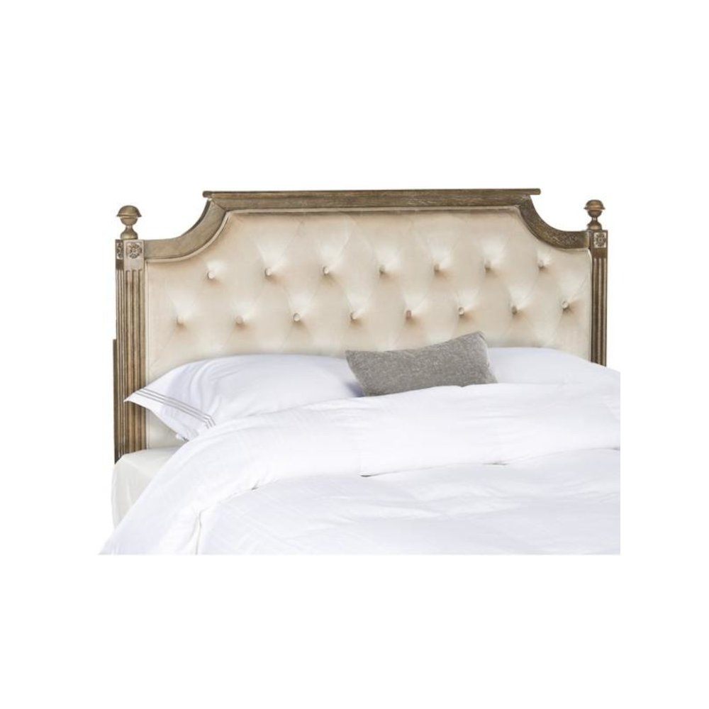 RUSTIC WOOD BEIGE TUFTED VELVET QUEEN HEADBOARD. Picture 1