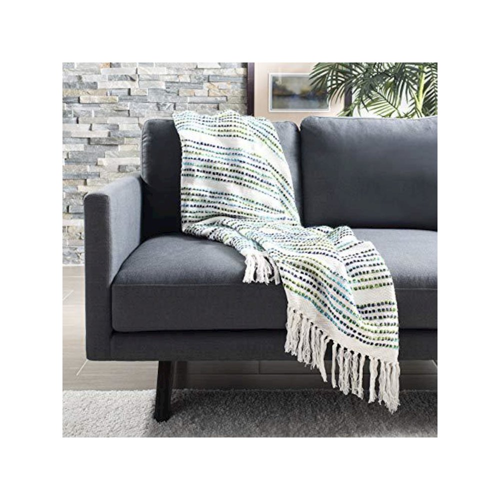 Landra Fringe Throw, Blue/White. Picture 1