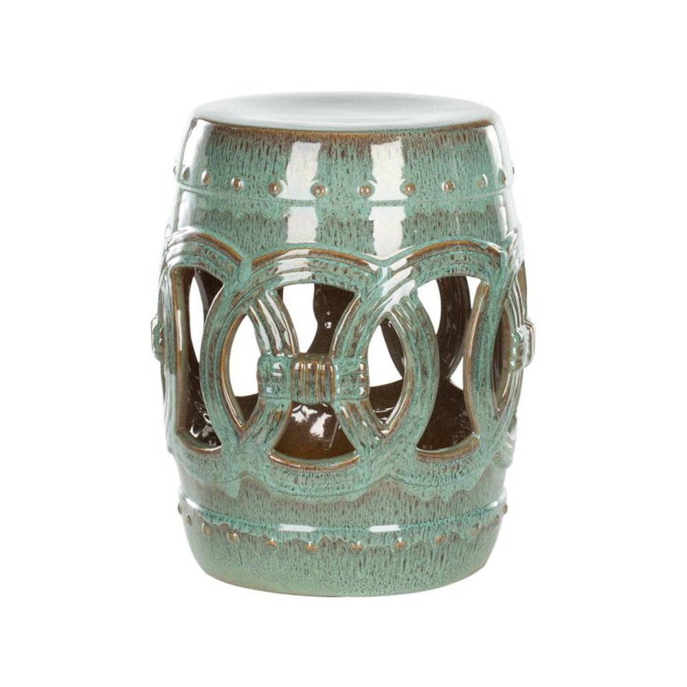 BLUE-GREEN CERAMIC DOUBLE COIN STOOL. Picture 1