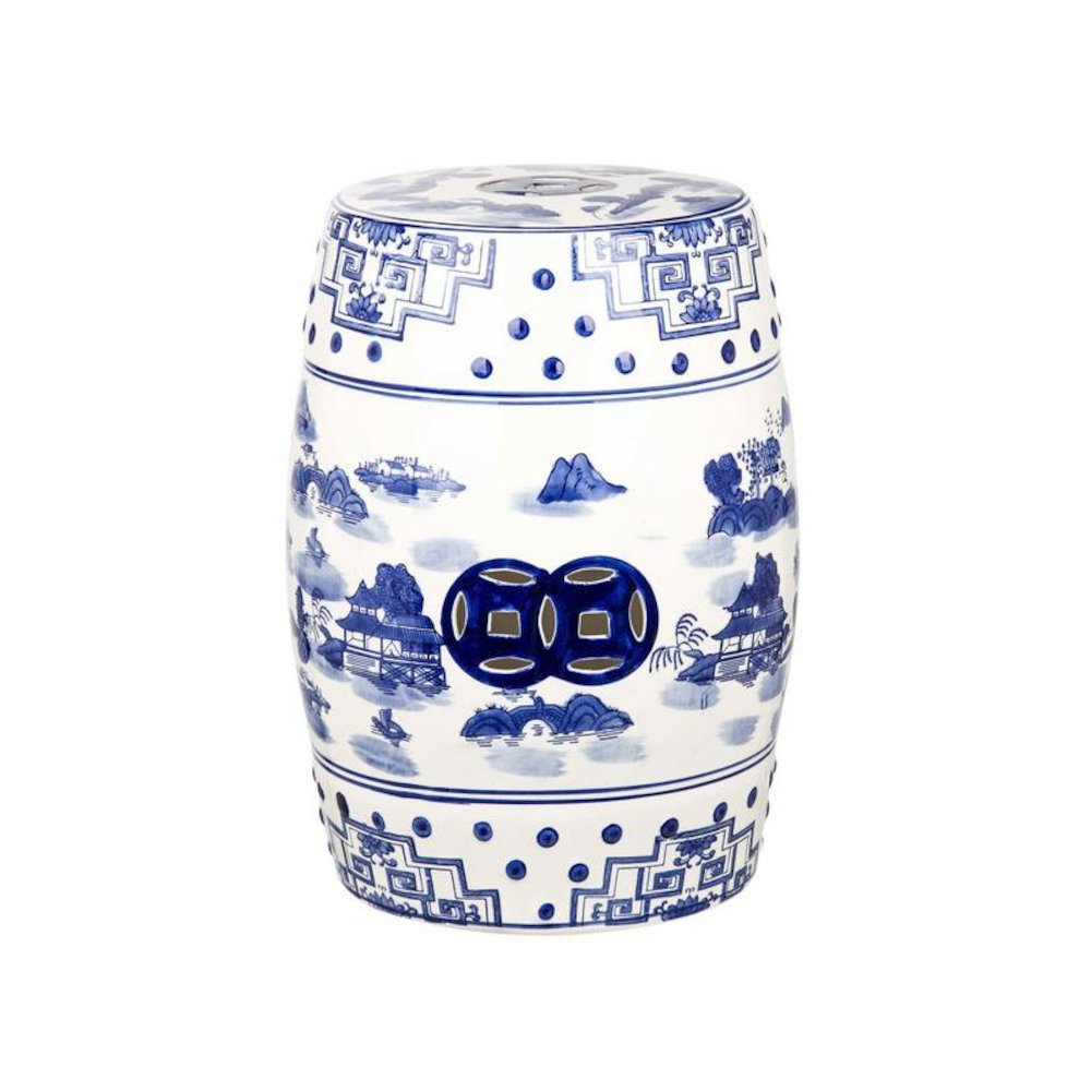 Gateless Mist Chinoiserie Garden Stool, Blue. Picture 1