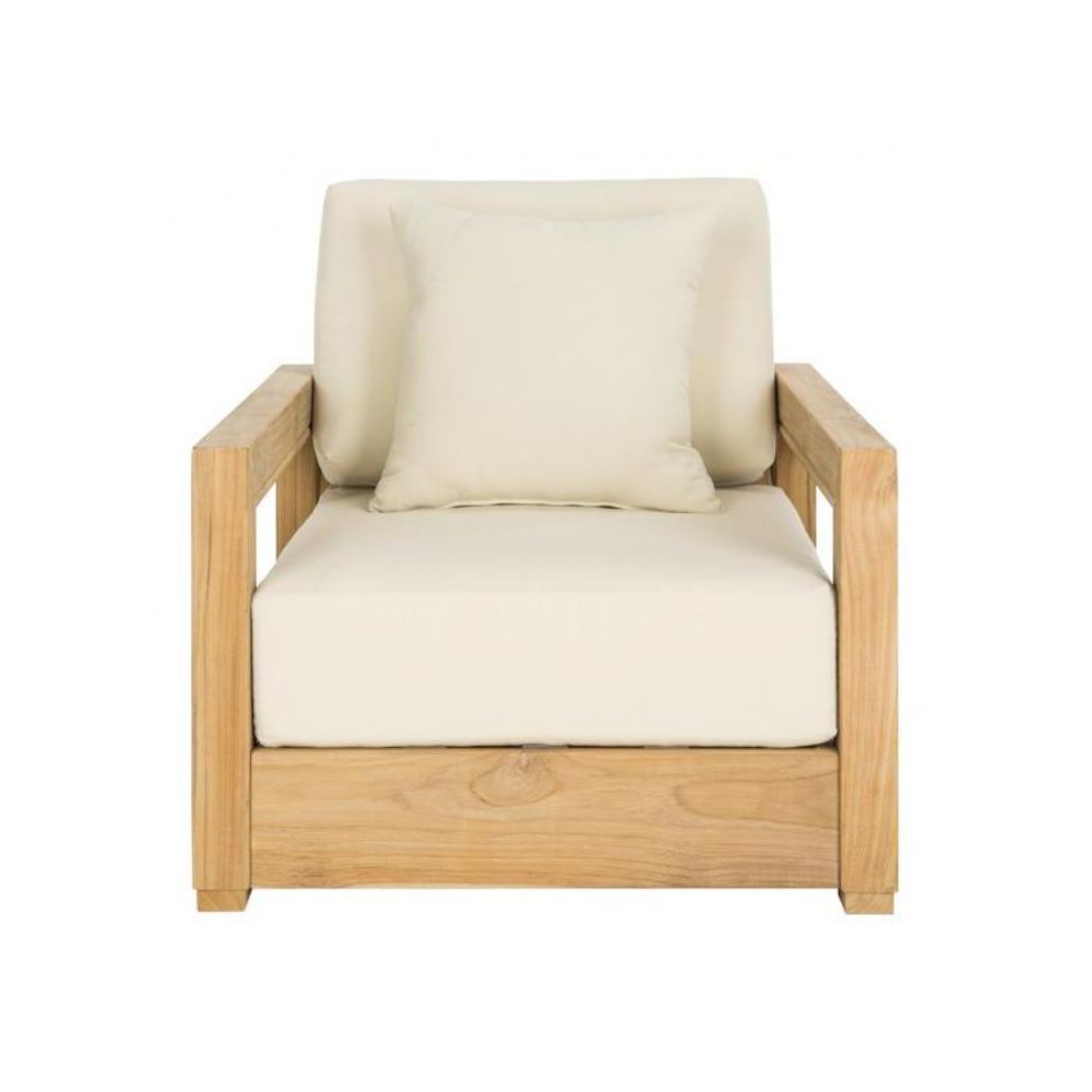 Couture Montford Modern Brazilian Teak Wood Solid Armchair, Natural Teak/Beige. Picture 1