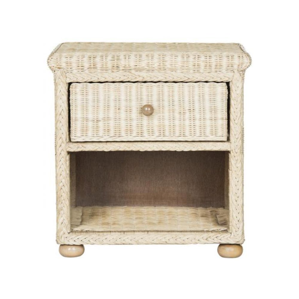 ADIRA NATURAL WHITE WASH WICKER NIGHTSTAND WITH DRAWER AND 8"H STORAGE. Picture 1