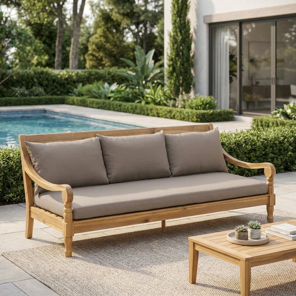 Outdoor Daybed In Natural Acacia With Brass Finish And Polyester Upholstery. Picture 3