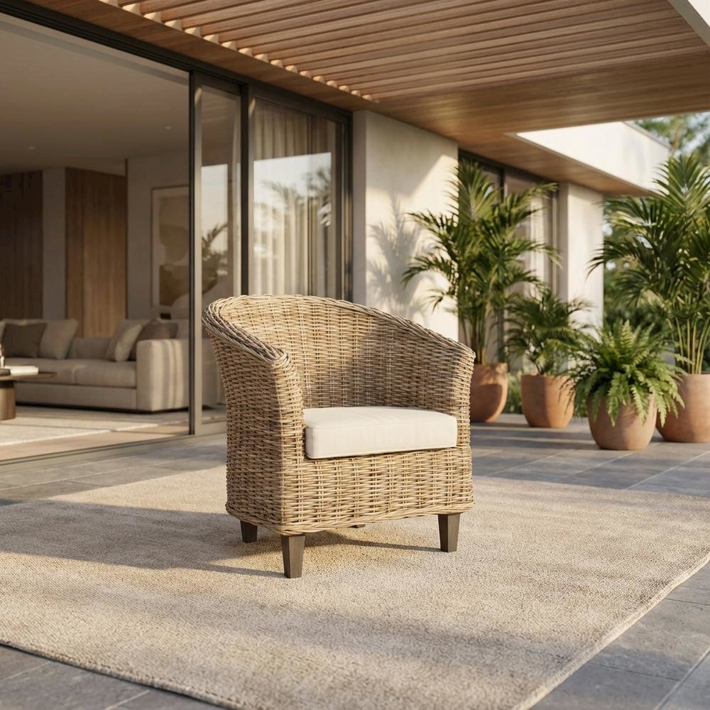 Outdoor Rattan Barrel Chair With Foam Cushioned Seat And Armrest. Picture 2