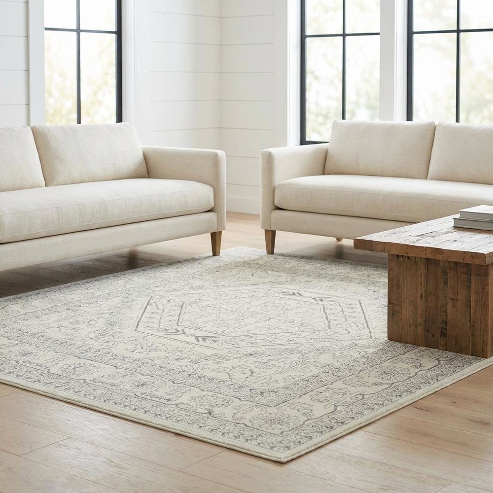 Ivory and Silver 8-Foot Square Area Rug with Polypropylene Pile, Power Loomed. Picture 2