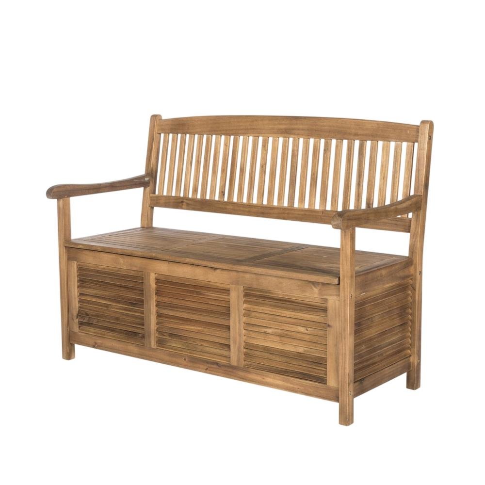 Outdoor Storage Bench With Natural Acacia Wood, Silver Galvanized Steel Accents. Picture 1