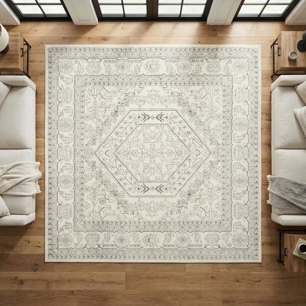 Ivory and Silver 8-Foot Square Area Rug with Polypropylene Pile, Power Loomed. Picture 3