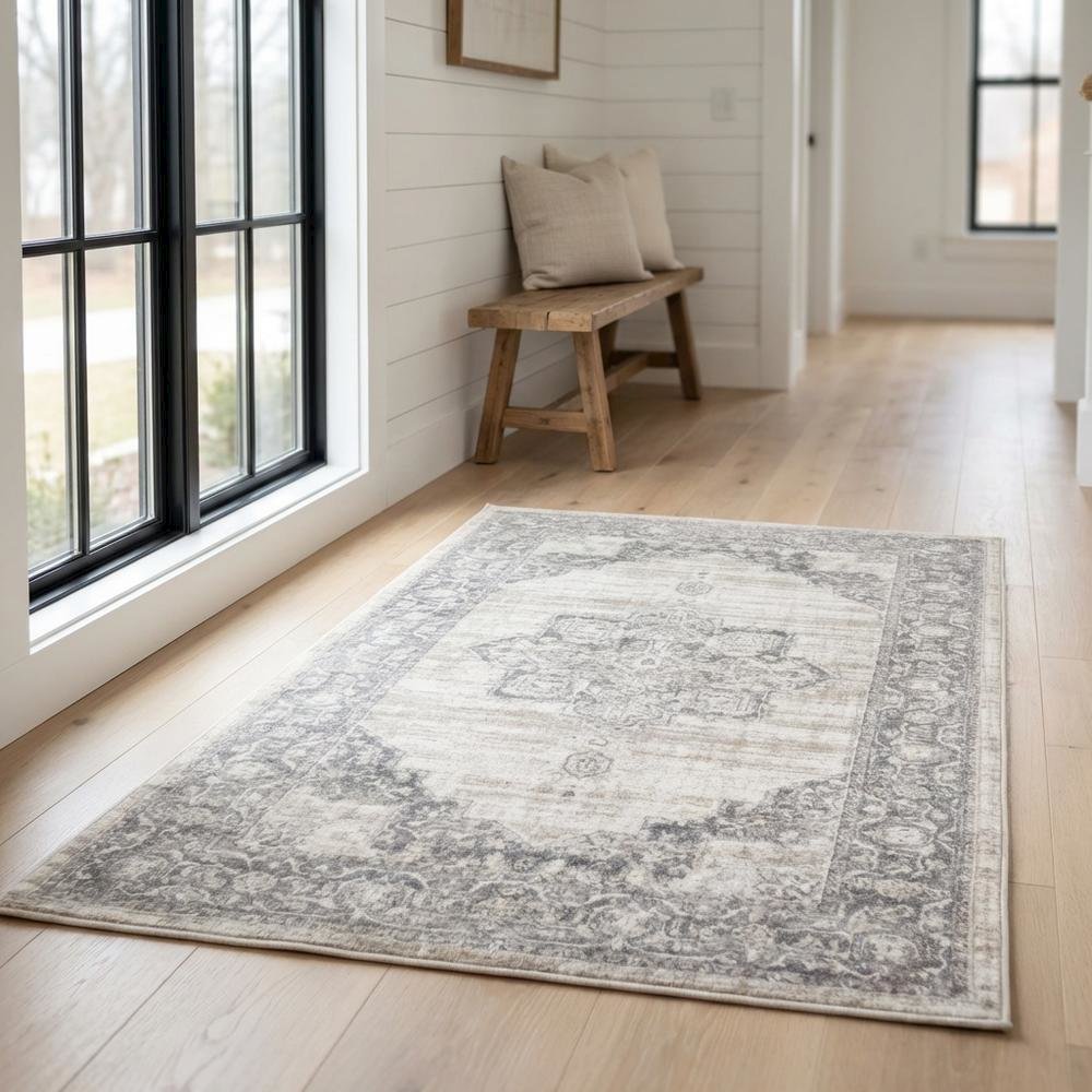 Cream and Grey Area Rug with Power Loomed Small Rectangle Shape. Picture 2