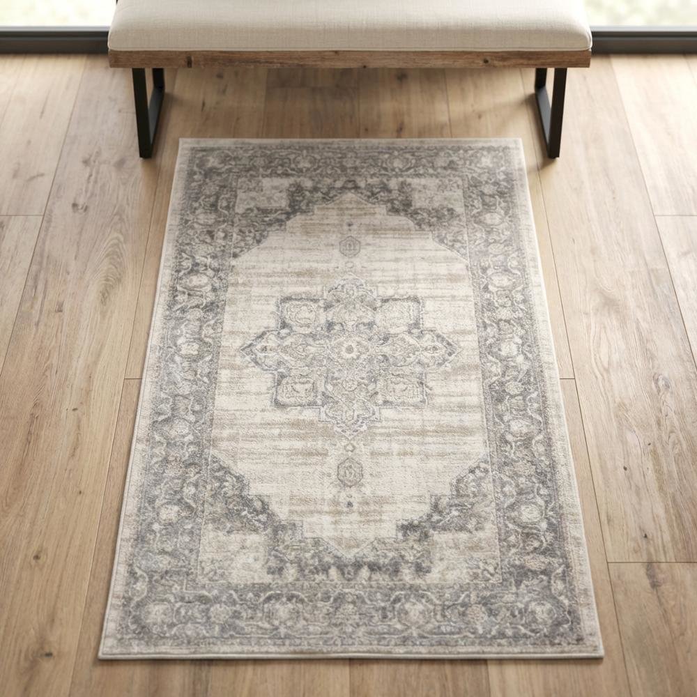 Cream and Grey Area Rug with Power Loomed Small Rectangle Shape. Picture 3