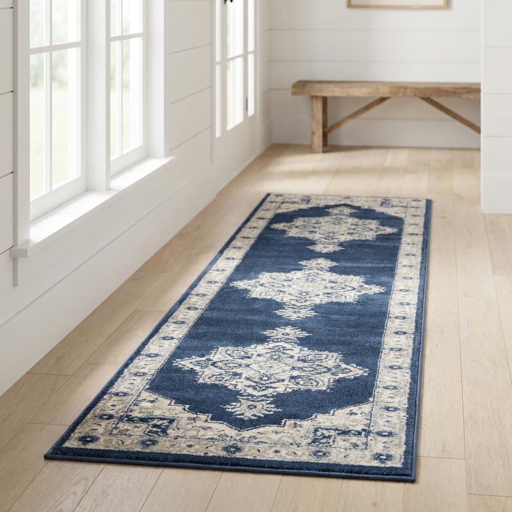 Navy and Creme Area Rug with Power Loomed Backing and Jute Backing, Runner Style. Picture 2