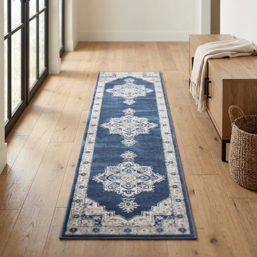 Navy and Creme Area Rug with Power Loomed Backing and Jute Backing, Runner Style. Picture 3