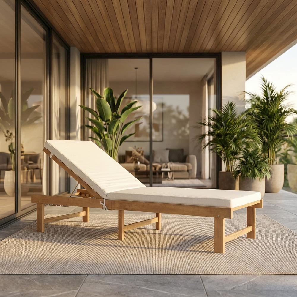 Outdoor Lounge Chair In Natural Acacia With Brass Metal Finish. Picture 2