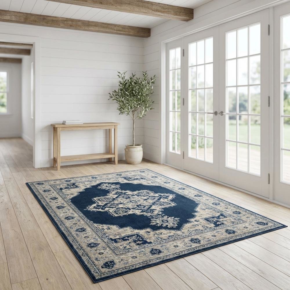 Navy and Creme Area Rug with Jute Backing and Power Loomed Construction. Picture 2