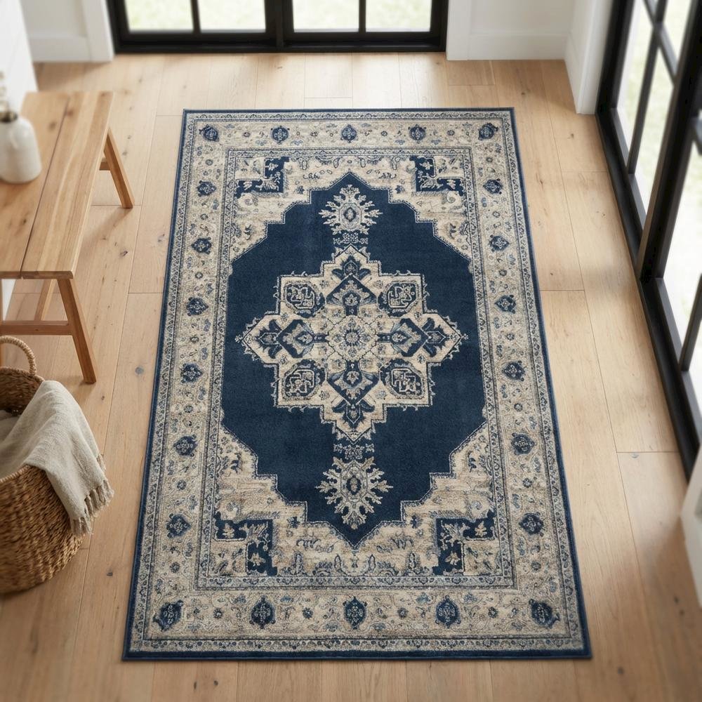 Navy and Creme Area Rug with Jute Backing and Power Loomed Construction. Picture 3