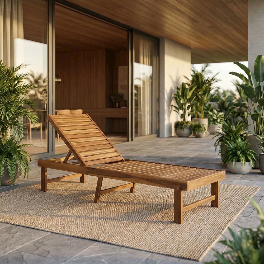 Outdoor Lounge Chair With Acacia Wood And Silver Metal Finish. Picture 2