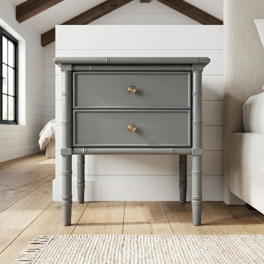 Wood Nightstand with 2 Drawers and Cast Iron Hardware for Bedroom Storage. Picture 2