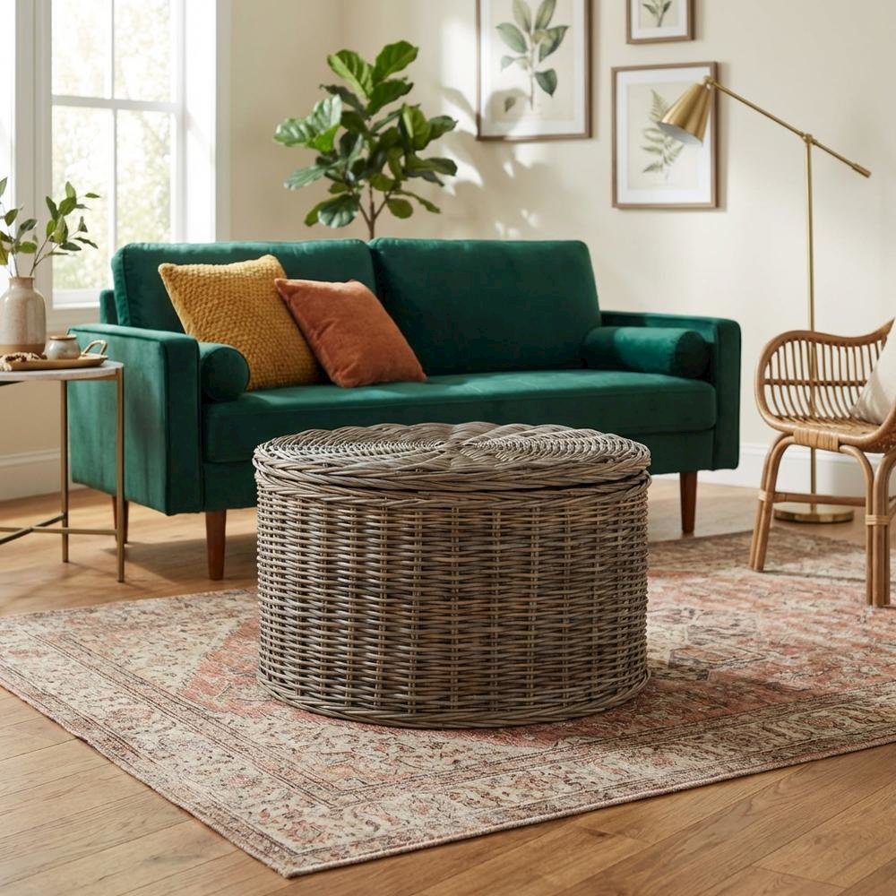 Grey Fabric and Rattan Coffee Table with Sturdy Frame. Picture 2