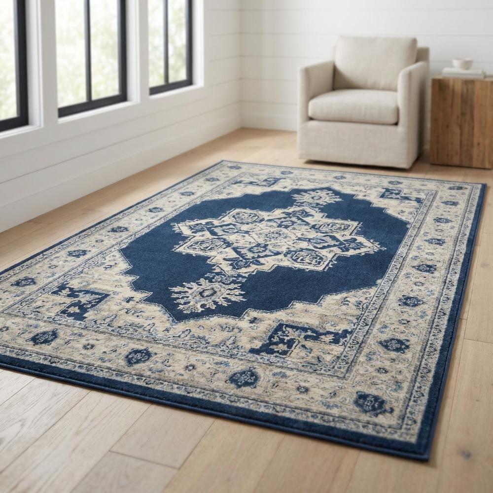 Navy and Creme Area Rug with Power Loomed Construction and Jute Backing. Picture 2