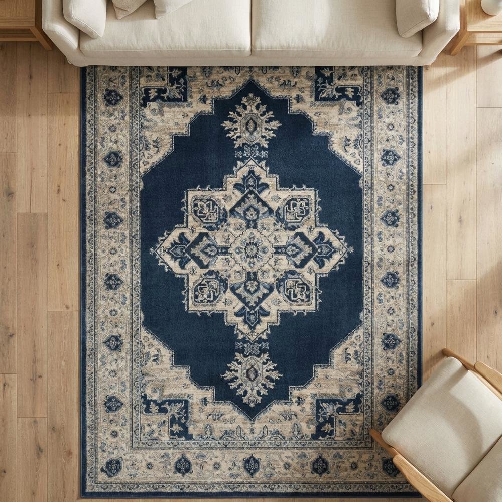 Navy and Creme Area Rug with Power Loomed Construction and Jute Backing. Picture 3