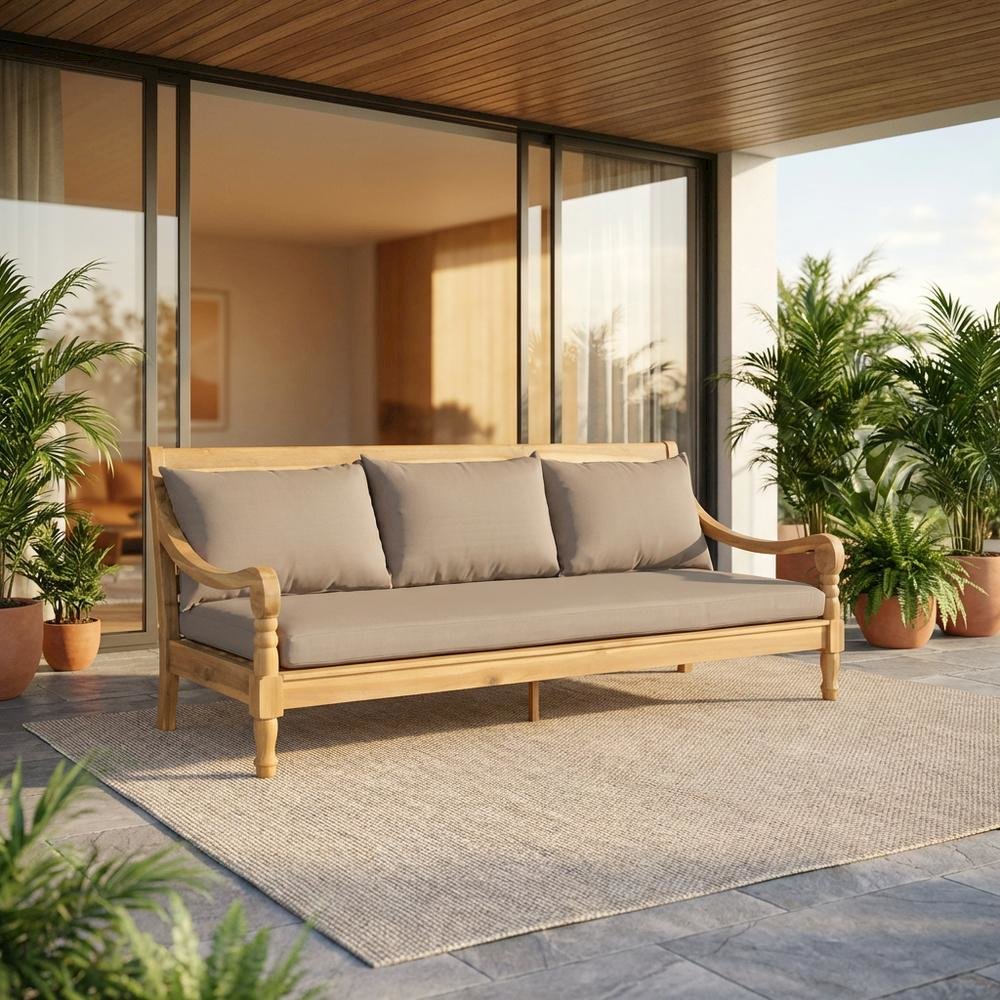 Outdoor Daybed In Natural Acacia With Brass Finish And Polyester Upholstery. Picture 2