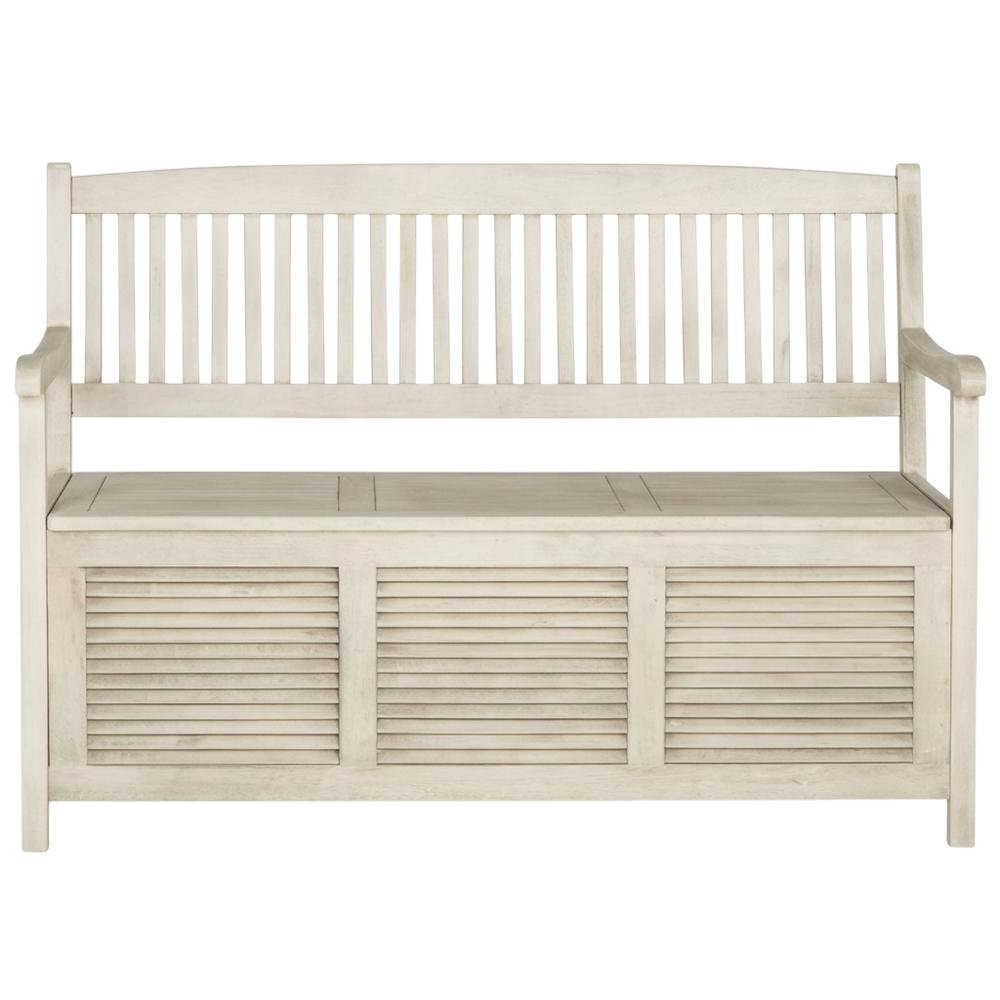Outdoor Storage Bench In Distressed White, Galvanized Steel Frame, Metal Casters. Picture 4