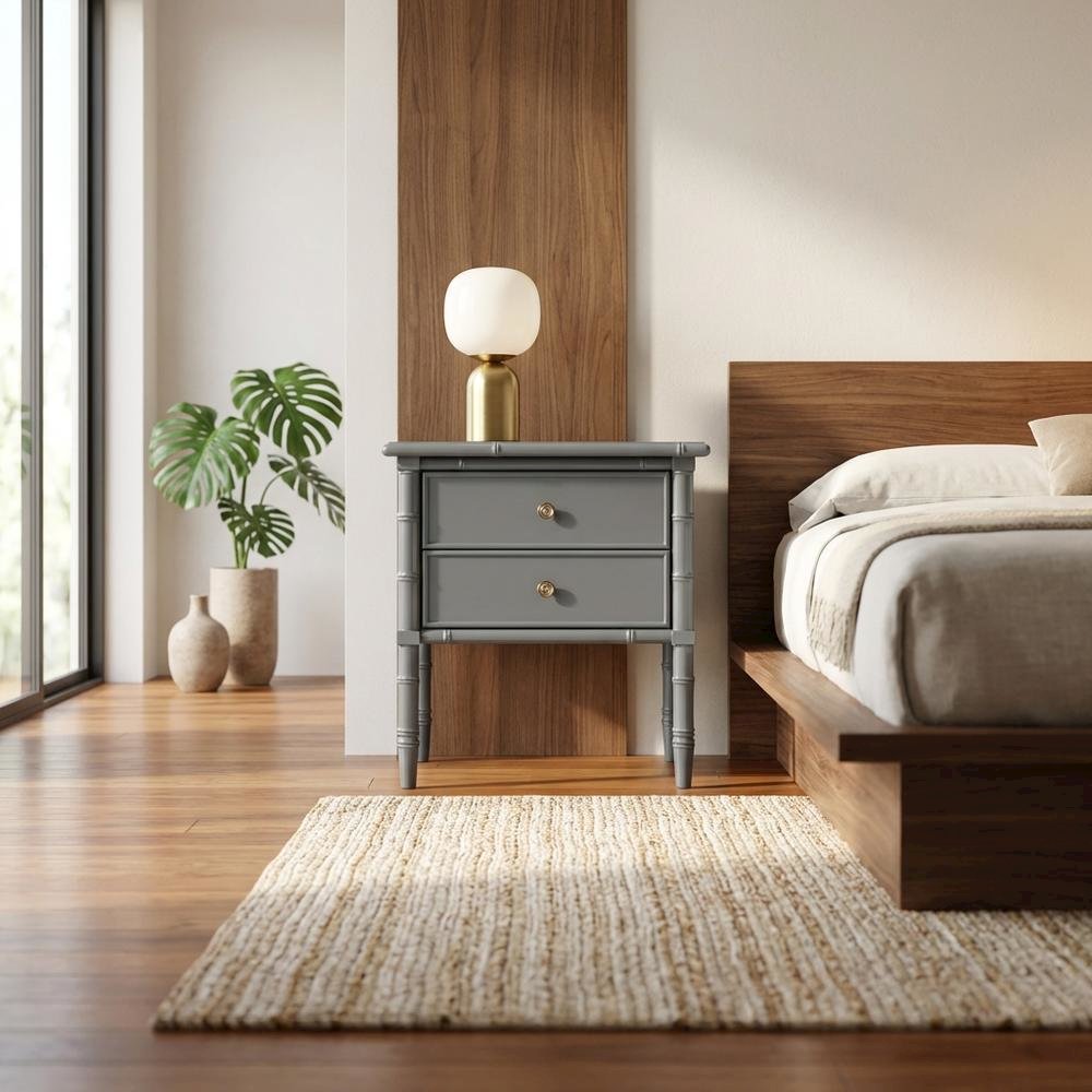 Wood Nightstand with 2 Drawers and Cast Iron Hardware for Bedroom Storage. Picture 3